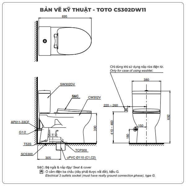 Bồn cầu nắp rửa điện tử TOTO CS302DW11
