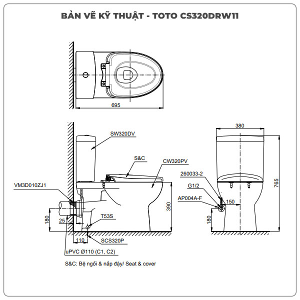Bồn cầu nắp rửa điện tử TOTO CS320DRW11