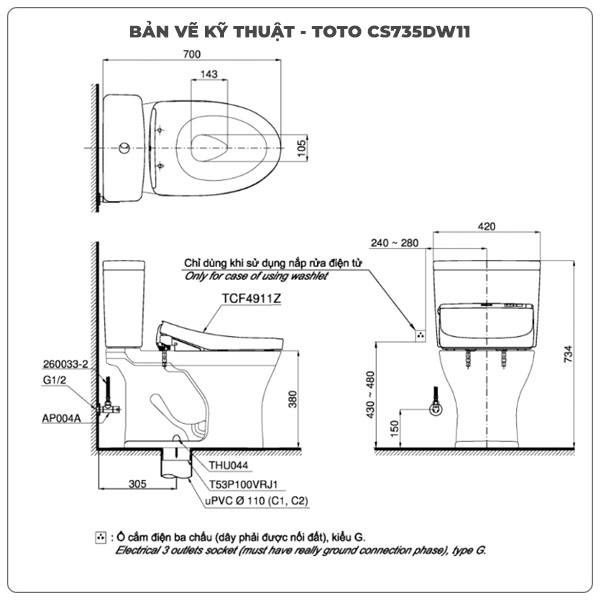 Bồn cầu nắp rửa điện tử TOTO CS735DW11