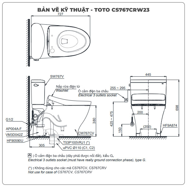Bồn cầu nắp rửa điện tử TOTO CS767CRW23