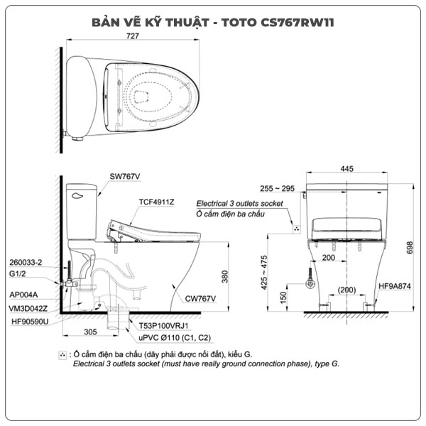 Bồn cầu nắp rửa điện tử TOTO CS767RW11