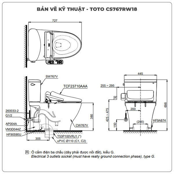 Bồn cầu nắp rửa điện tử TOTO CS767RW18