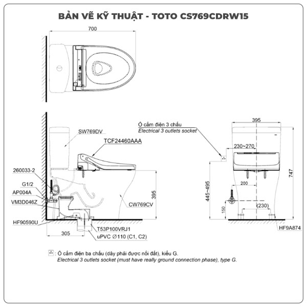 Bồn cầu nắp rửa điện tử TOTO CS769CDRW15