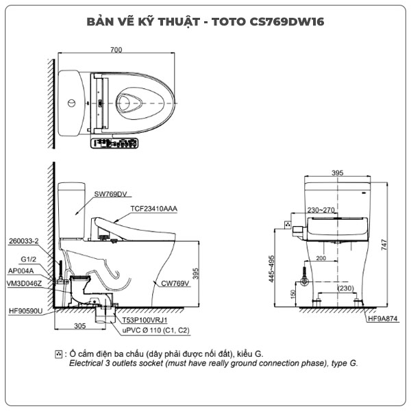 Bồn cầu nắp rửa điện tử TOTO CS769DRW16