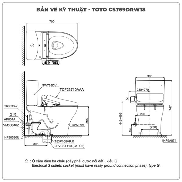 Bồn cầu nắp rửa điện tử TOTO CS769DRW18