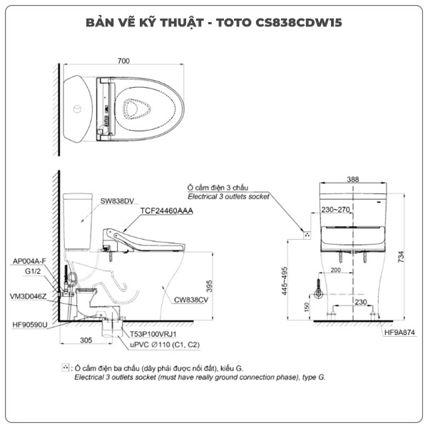 Bồn cầu nắp rửa điện tử TOTO CS838CDW15