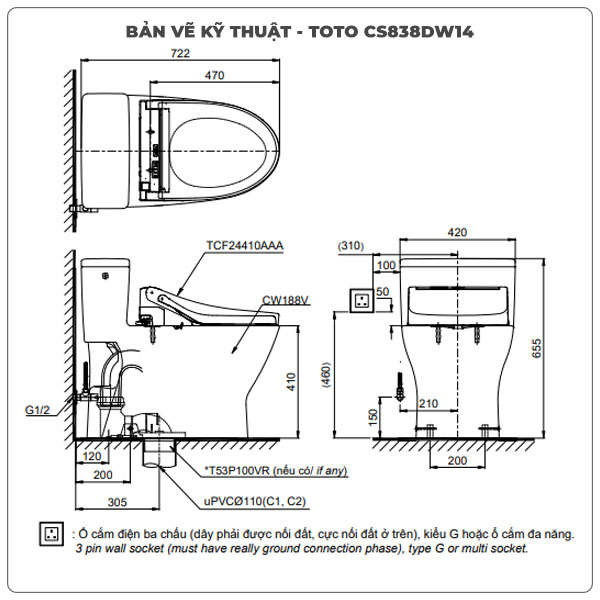 Bồn cầu nắp rửa điện tử TOTO CS838DW14