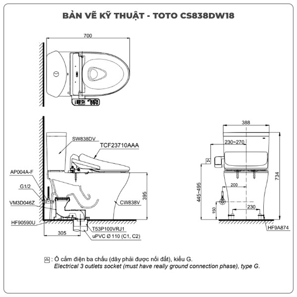 Bồn cầu nắp rửa điện tử TOTO CS838DW18