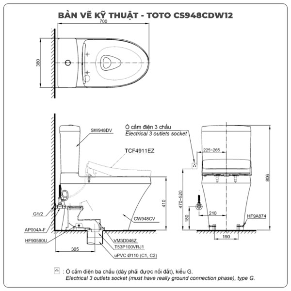 Bồn cầu nắp rửa điện tử TOTO CS948CDW12