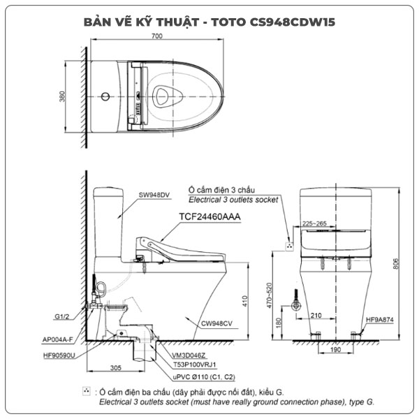 Bồn cầu nắp rửa điện tử TOTO CS948CDW15