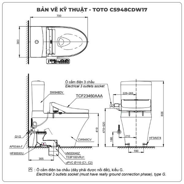 Bồn cầu nắp rửa điện tử TOTO CS948CDW17