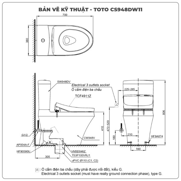 Bồn cầu nắp rửa điện tử TOTO CS948DW11