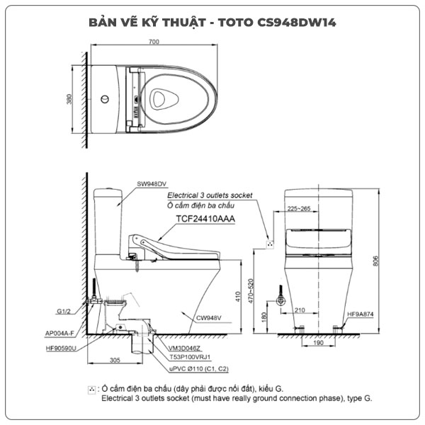 Bồn cầu nắp rửa điện tử TOTO CS948DW14
