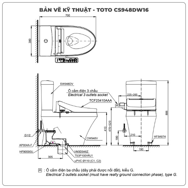 Bồn cầu nắp rửa điện tử TOTO CS948DW16