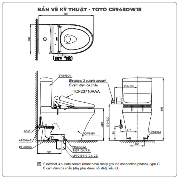 Bồn cầu nắp rửa điện tử TOTO CS948DW18