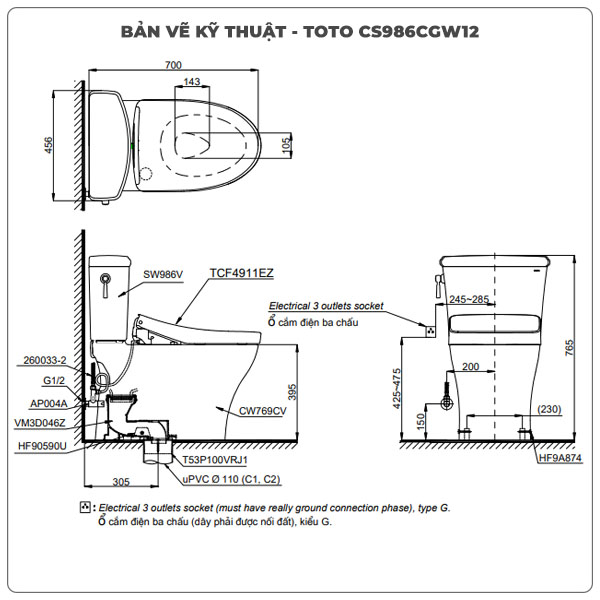 Bồn cầu nắp rửa điện tử TOTO CS986CGW12
