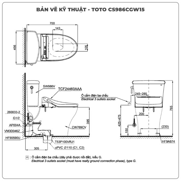 Bồn cầu nắp rửa điện tử TOTO CS986CGW15