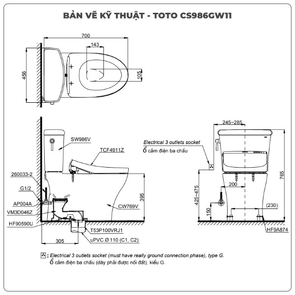 Bồn cầu nắp rửa điện tử TOTO CS986GW11