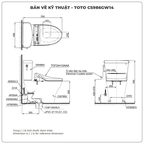 Bồn cầu nắp rửa điện tử TOTO CS986GW14