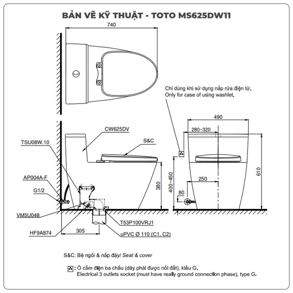 Bồn cầu nắp rửa điện tử TOTO MS625DW11