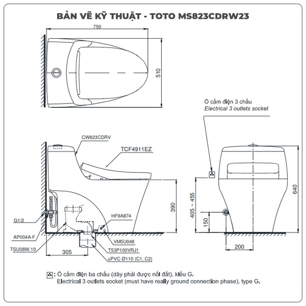 Bồn cầu nắp rửa điện tử TOTO MS823CDRW23
