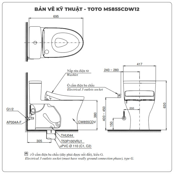 Bồn cầu nắp rửa điện tử TOTO MS855CDW12