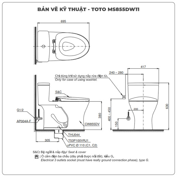 Bồn cầu nắp rửa điện tử TOTO MS855DW11