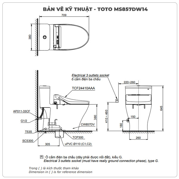 Bồn cầu nắp rửa điện tử TOTO MS857DW14