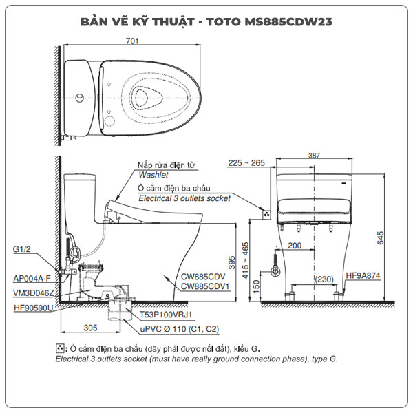 Bồn cầu nắp rửa điện tử TOTO MS885CDW23