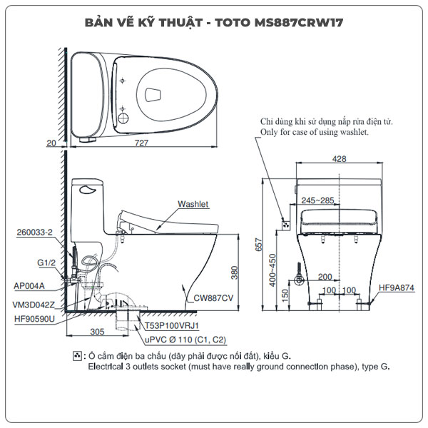 Bồn cầu nắp rửa điện tử TOTO MS887CRW17