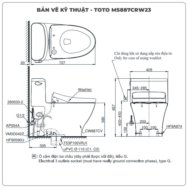 Bồn cầu nắp rửa điện tử TOTO MS887CRW23