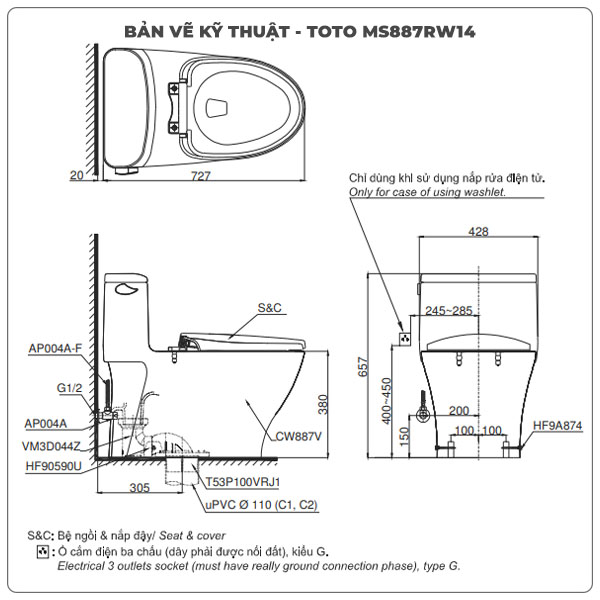 Bồn cầu nắp rửa điện tử TOTO MS887RW14