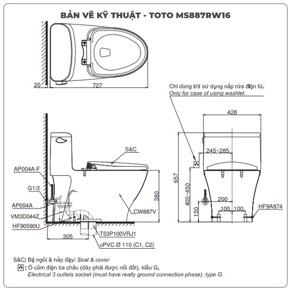 Bồn cầu nắp rửa điện tử TOTO MS887RW16
