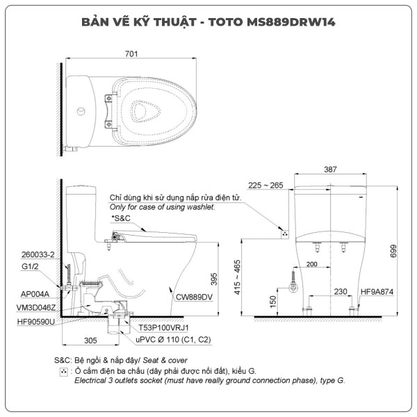 Bồn cầu nắp rửa điện tử TOTO MS889DRW14