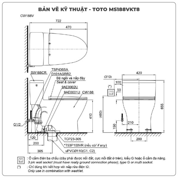 Bồn cầu TOTO 1 khối MS188VKT8 (Nắp TC600VS)