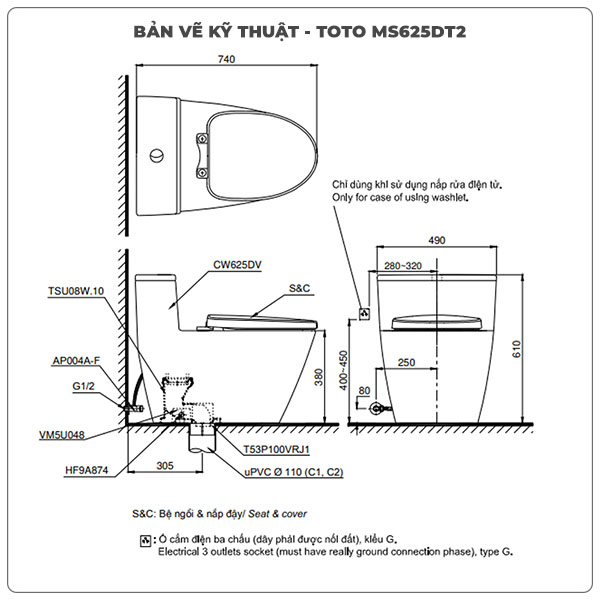 Bồn cầu 1 khối TOTO MS625DT2