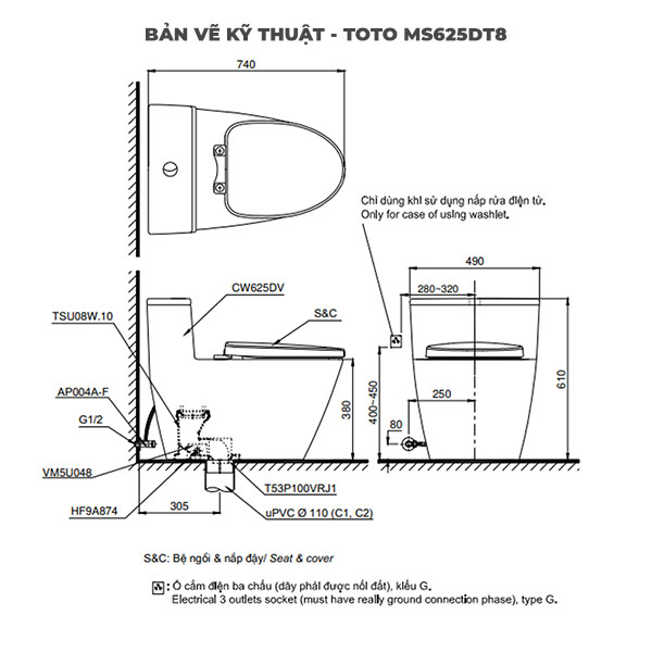 Bồn cầu TOTO 1 khối MS625DT8