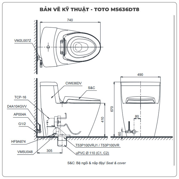 Bồn cầu 1 khối TOTO MS636DT8 (Nắp TC600VS)