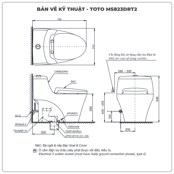 Bồn cầu TOTO 1 khối MS823DRT2 (Nắp TC393VS)