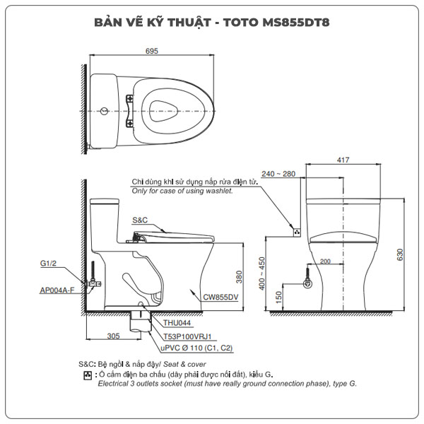 Bồn cầu TOTO 1 khối MS855DT8 (Nắp TC600VS)