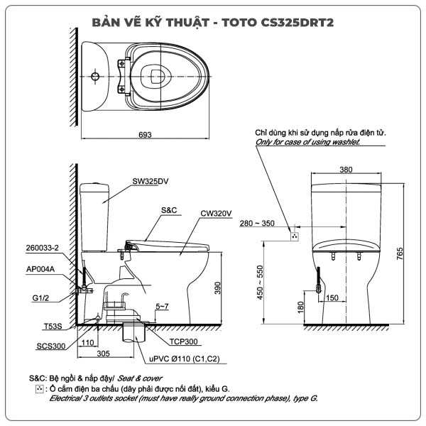 Bồn cầu TOTO 2 khối CS325DRT2 (Nắp TC393VS)