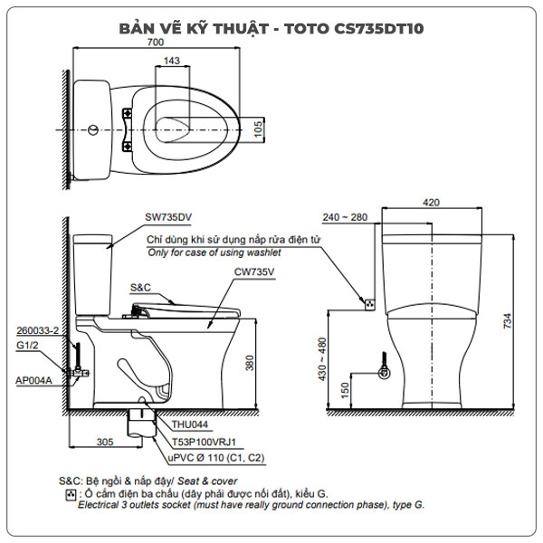 Bồn cầu TOTO 2 khối CS735DT10 (Nắp TC395VS)