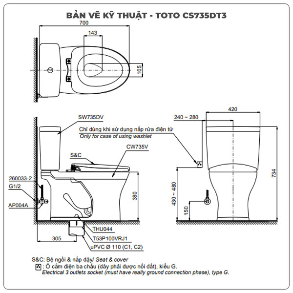 Bồn cầu TOTO 2 khối CS735DT3 (Nắp TC385VS)