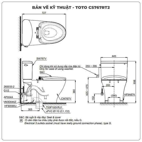 Bồn cầu TOTO 2 khối CS767RT2 (Nắp TC393VS)