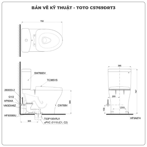 Bồn cầu TOTO 2 khối CS769DRT3 (Nắp TC385VS)