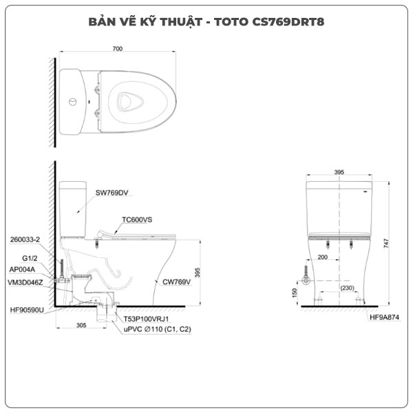 Bồn cầu TOTO 2 khối CS769DRT8 (Nắp TC600VS)