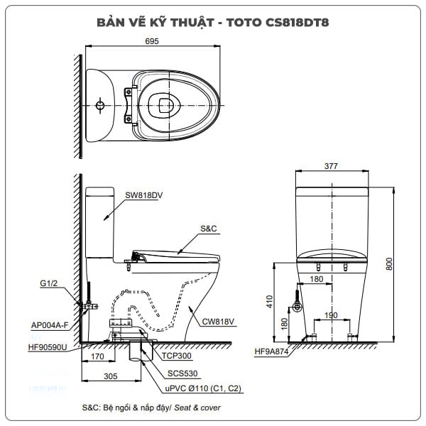 Bồn cầu TOTO 2 khối CS818DT8 (Nắp TC600VS)