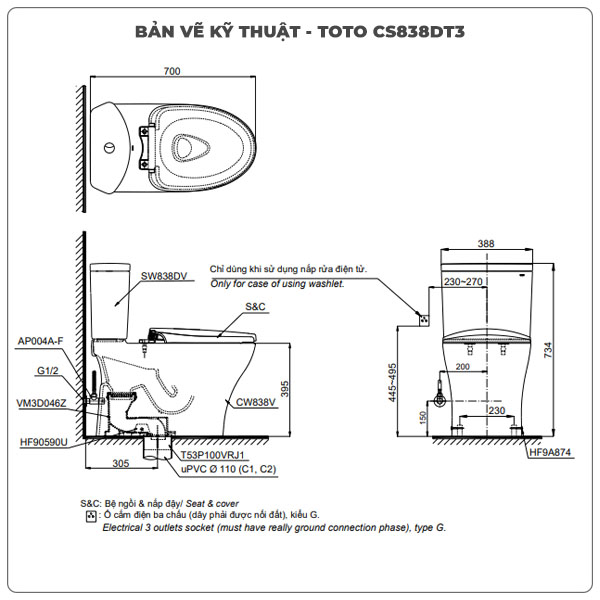 Bồn cầu TOTO 2 khối CS838DT3 (nắp TC385VS)
