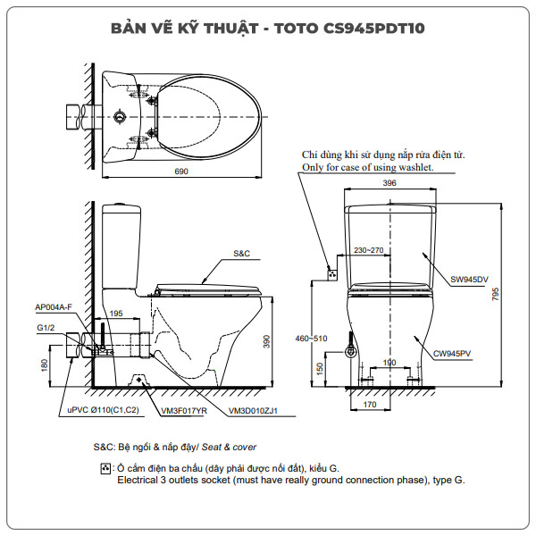 Bồn cầu TOTO 2 khối CS945PDT10