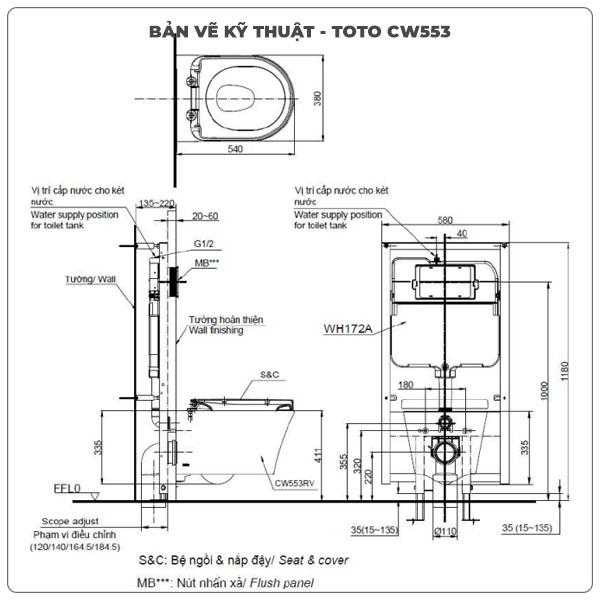 Thân bồn cầu treo tường TOTO CW553/TC384CVK